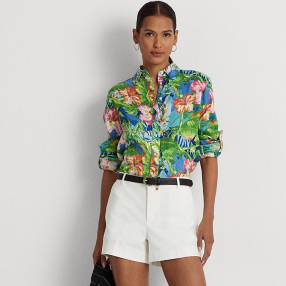 Ralph Lauren Women's Floral 100% Linen Shirt L Size Pettie Xs